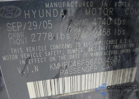 2006 Hyundai Azera Limited/Se from USA, damaged, VIN KMHFC46F56A034681